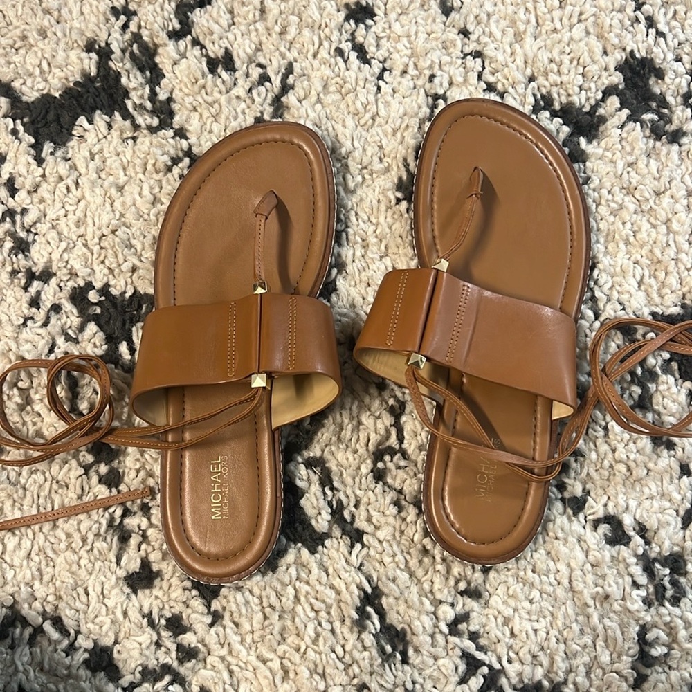 Michael Kors Brown Leather Wrap Sandals - Picture 3 of 5